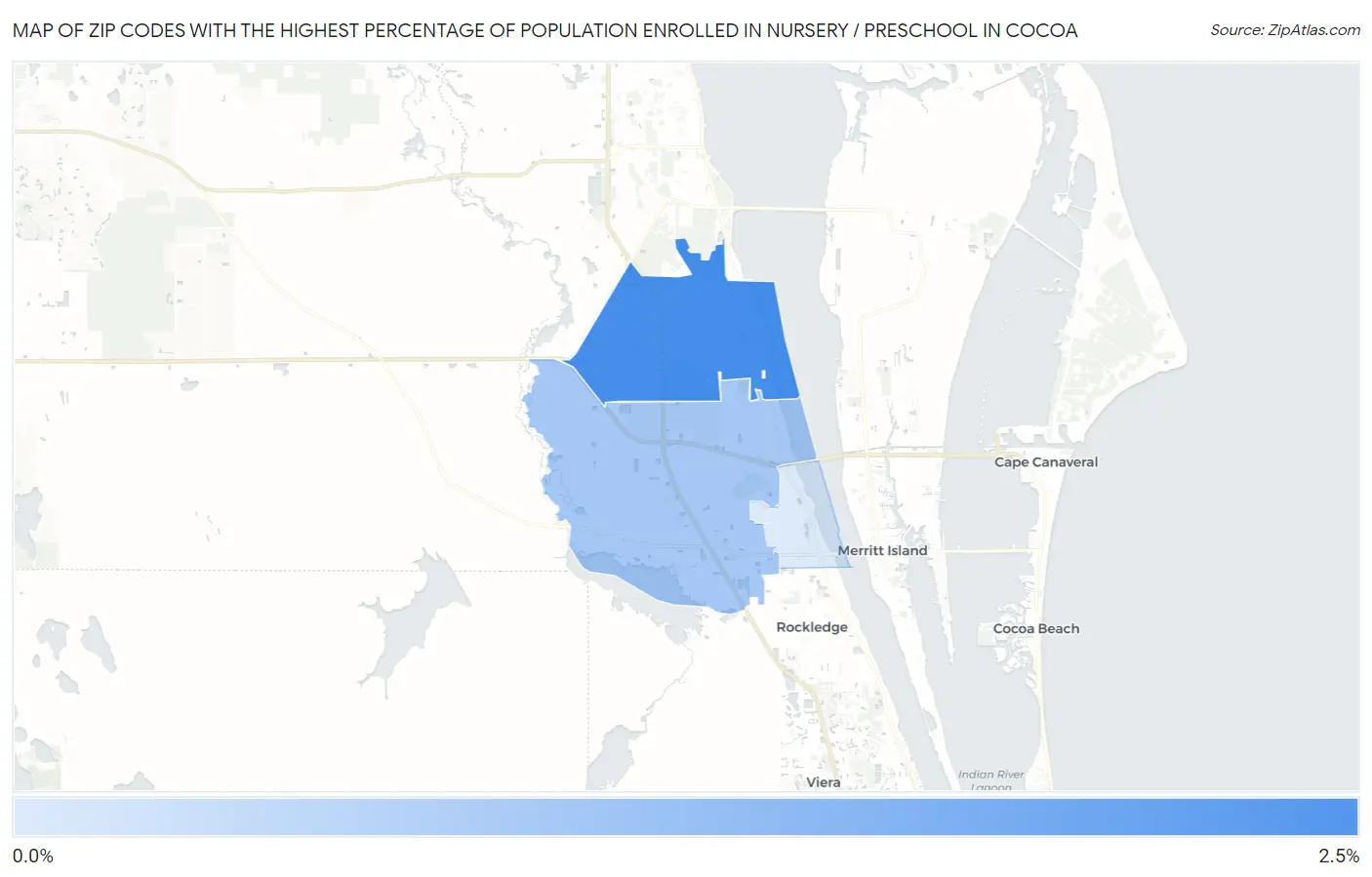 Zip Codes with the Highest Percentage of Population Enrolled in Nursery / Preschool in Cocoa Map