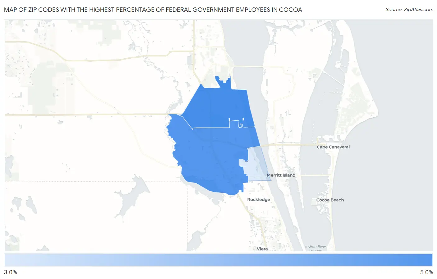 Zip Codes with the Highest Percentage of Federal Government Employees in Cocoa Map