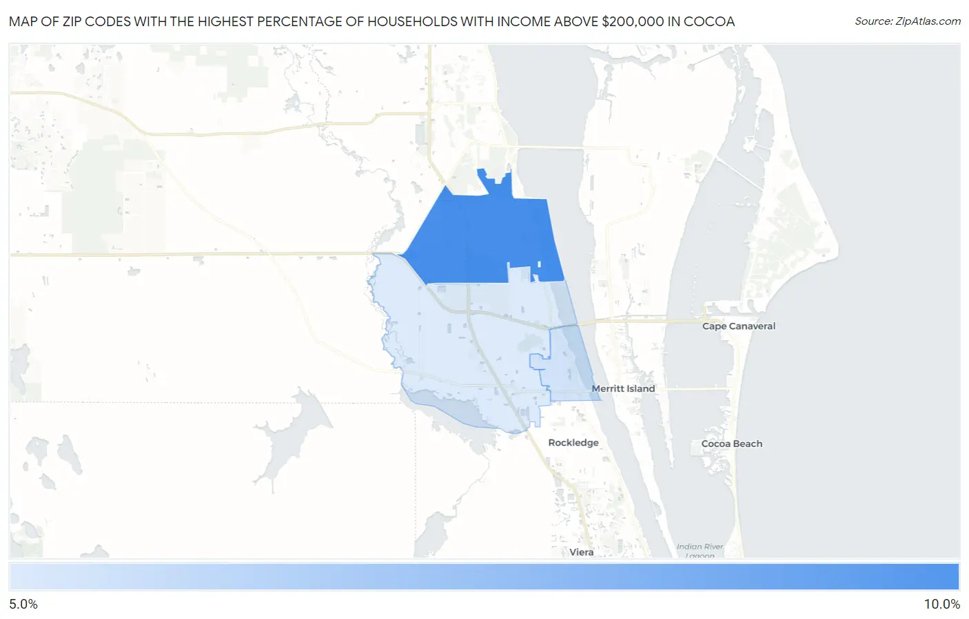 Zip Codes with the Highest Percentage of Households with Income Above $200,000 in Cocoa Map