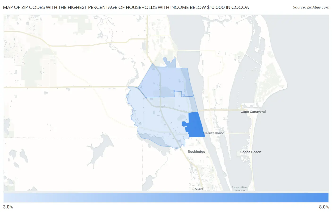 Zip Codes with the Highest Percentage of Households with Income Below $10,000 in Cocoa Map