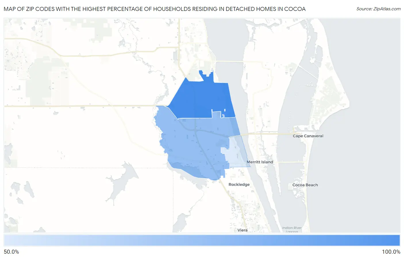 Zip Codes with the Highest Percentage of Households Residing in Detached Homes in Cocoa Map