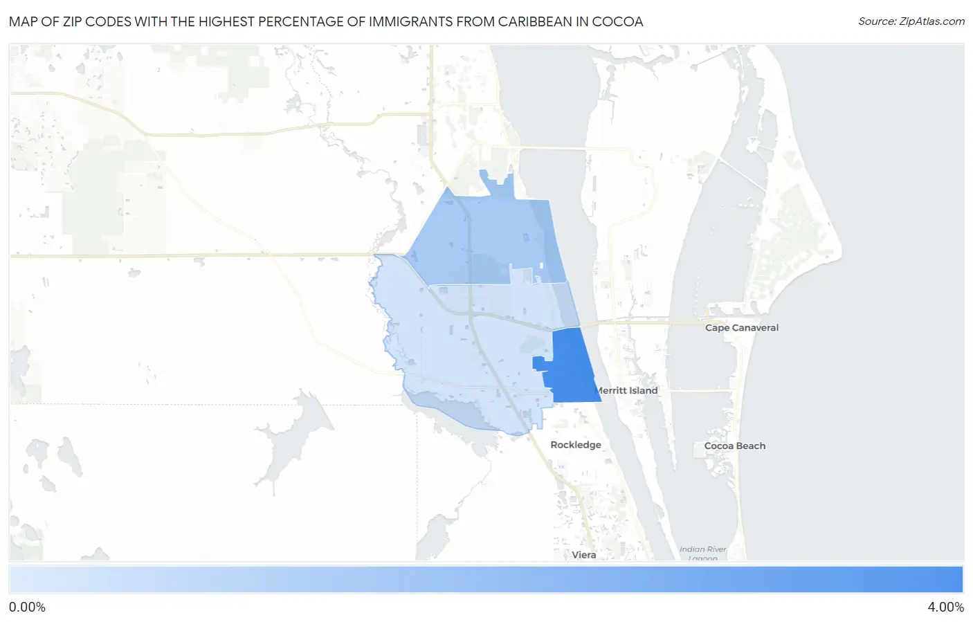 Zip Codes with the Highest Percentage of Immigrants from Caribbean in Cocoa Map
