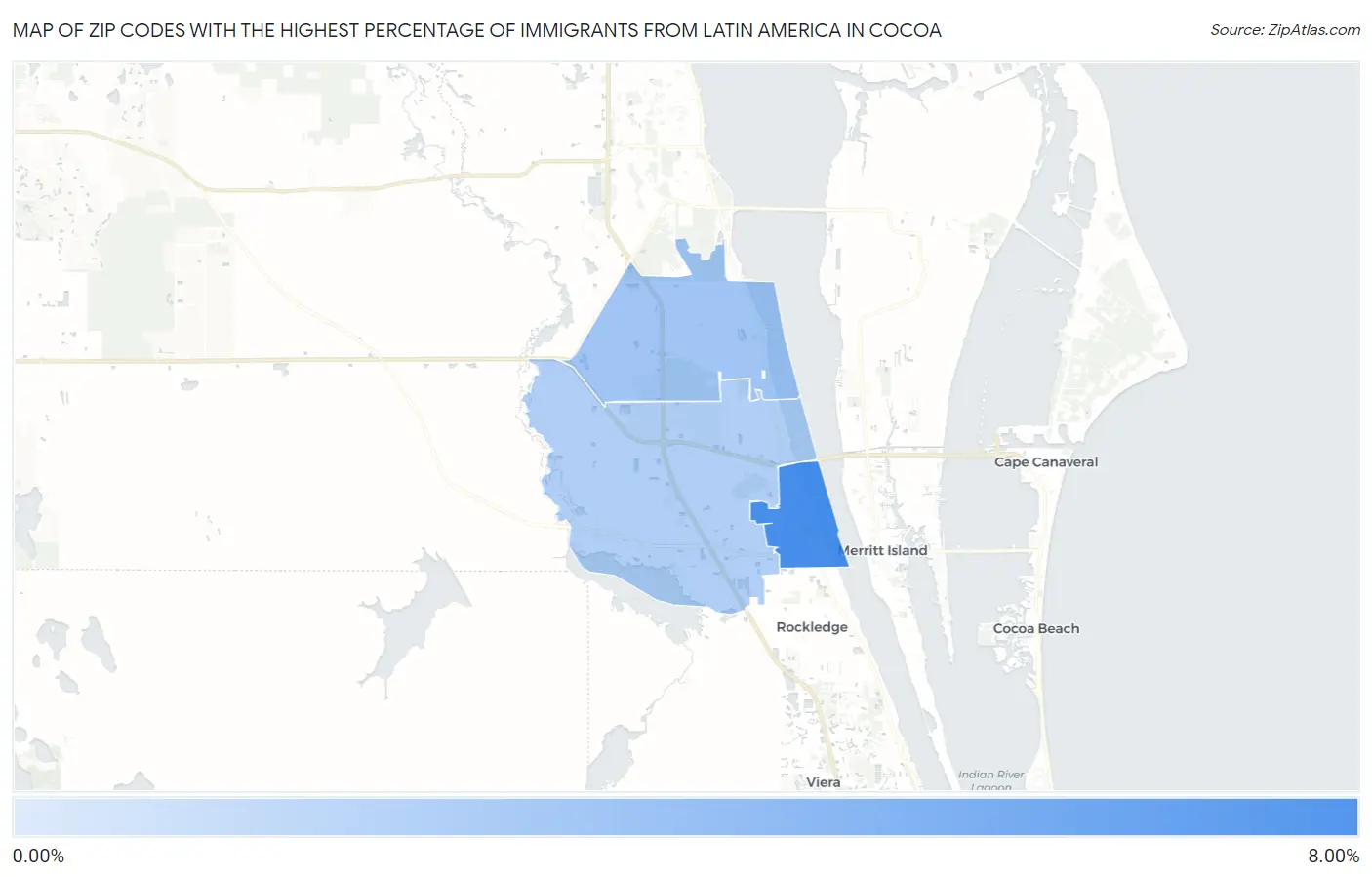 Zip Codes with the Highest Percentage of Immigrants from Latin America in Cocoa Map