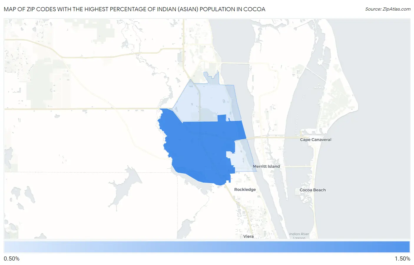 Zip Codes with the Highest Percentage of Indian (Asian) Population in Cocoa Map