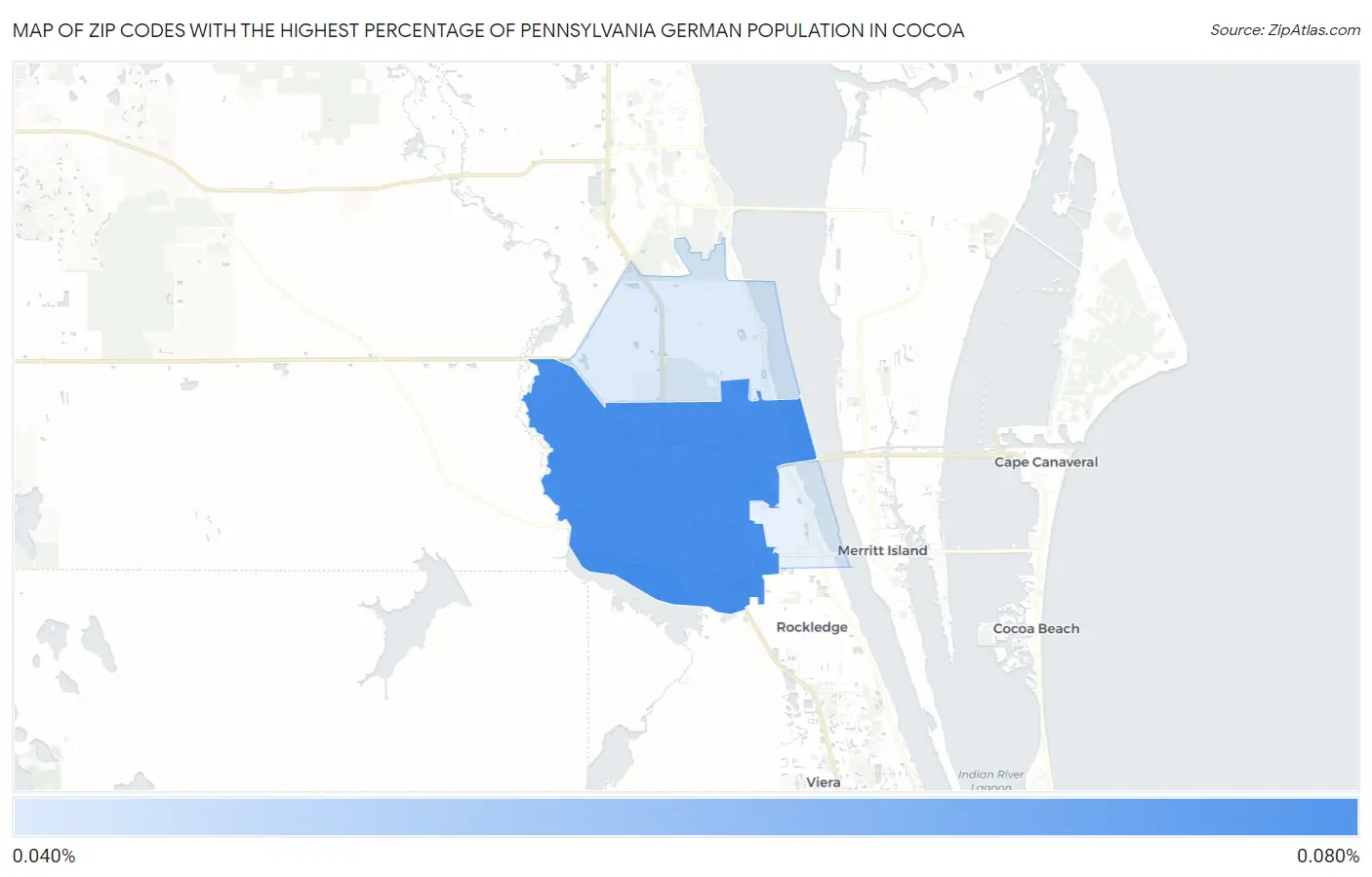 Zip Codes with the Highest Percentage of Pennsylvania German Population in Cocoa Map