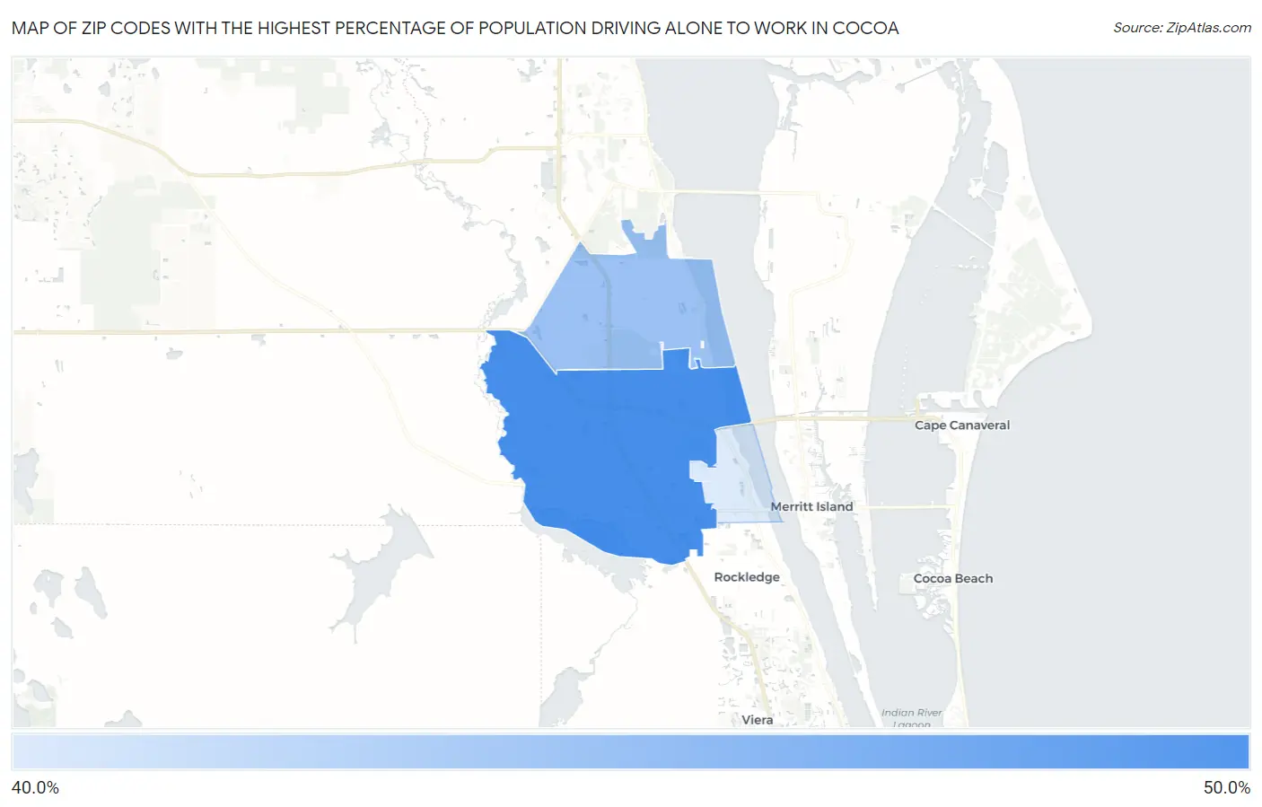 Zip Codes with the Highest Percentage of Population Driving Alone to Work in Cocoa Map
