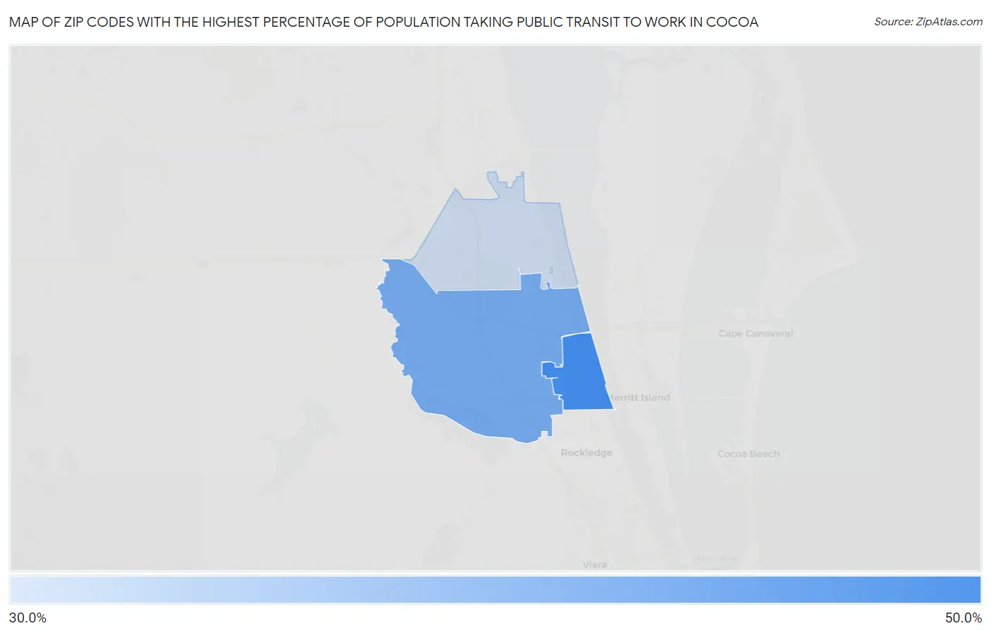 Zip Codes with the Highest Percentage of Population Taking Public Transit to Work in Cocoa Map
