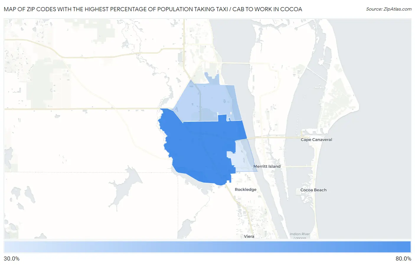 Zip Codes with the Highest Percentage of Population Taking Taxi / Cab to Work in Cocoa Map