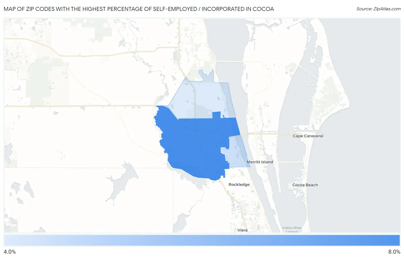 Zip Codes with the Highest Percentage of Self-Employed / Incorporated in Cocoa Map