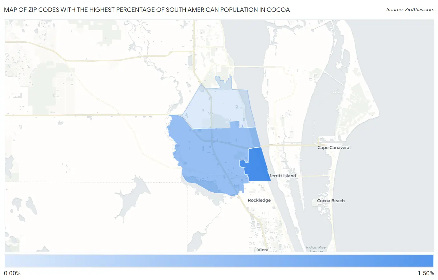 Zip Codes with the Highest Percentage of South American Population in Cocoa Map