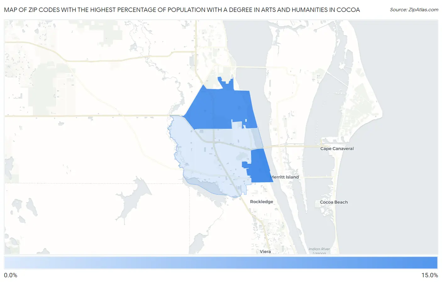 Zip Codes with the Highest Percentage of Population with a Degree in Arts and Humanities in Cocoa Map
