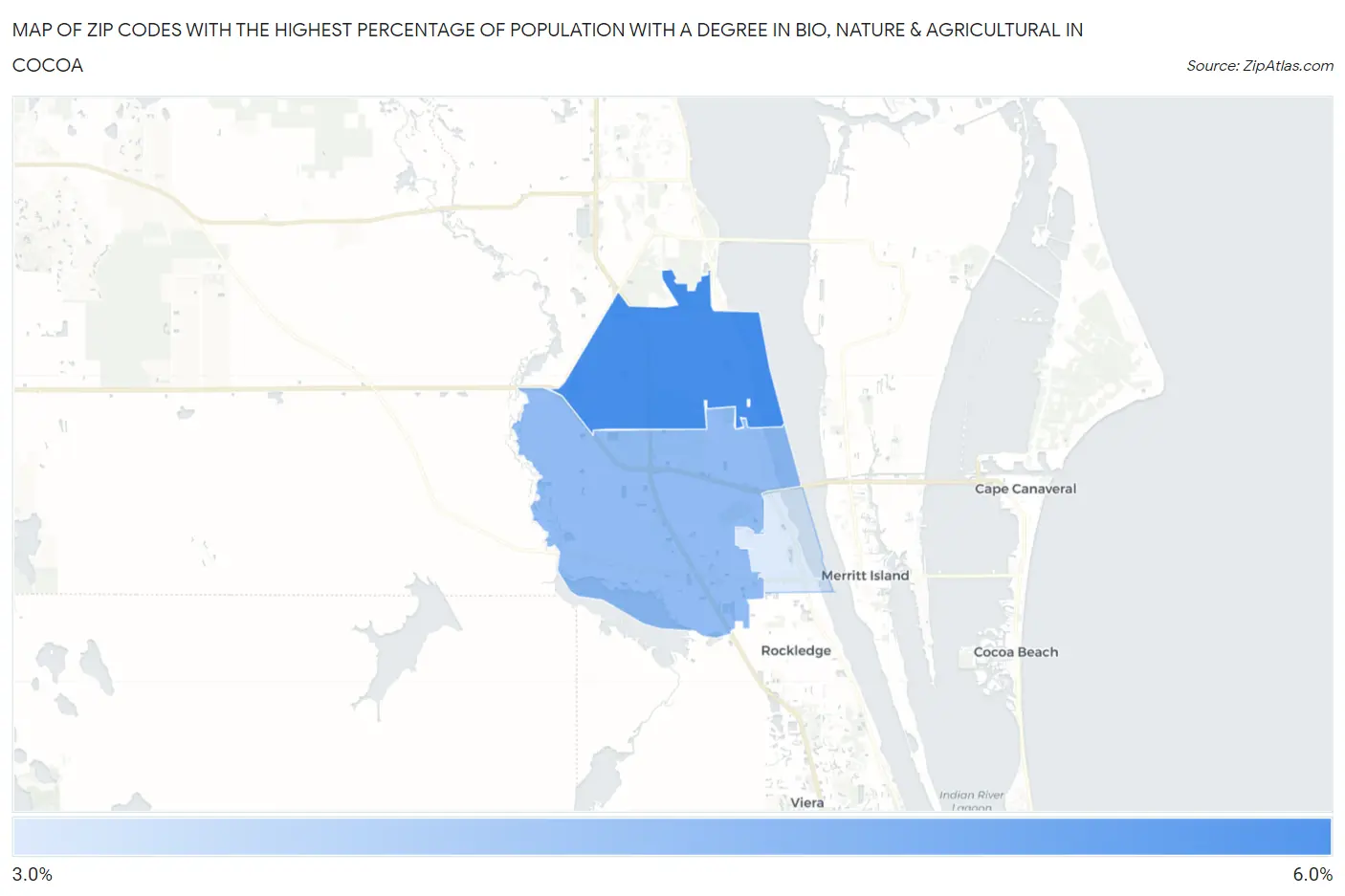 Zip Codes with the Highest Percentage of Population with a Degree in Bio, Nature & Agricultural in Cocoa Map