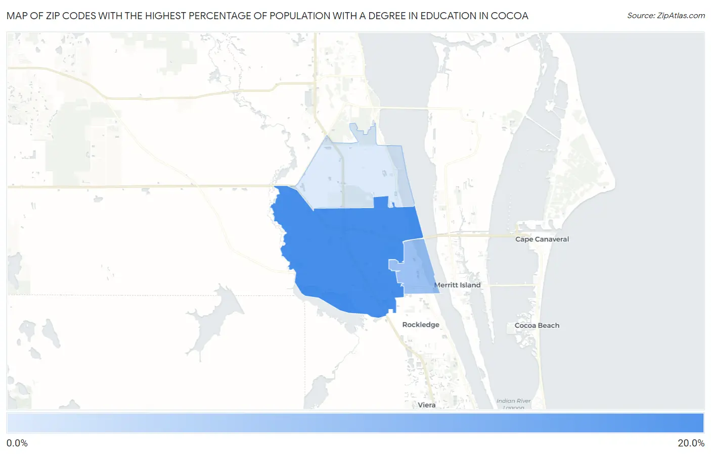 Zip Codes with the Highest Percentage of Population with a Degree in Education in Cocoa Map