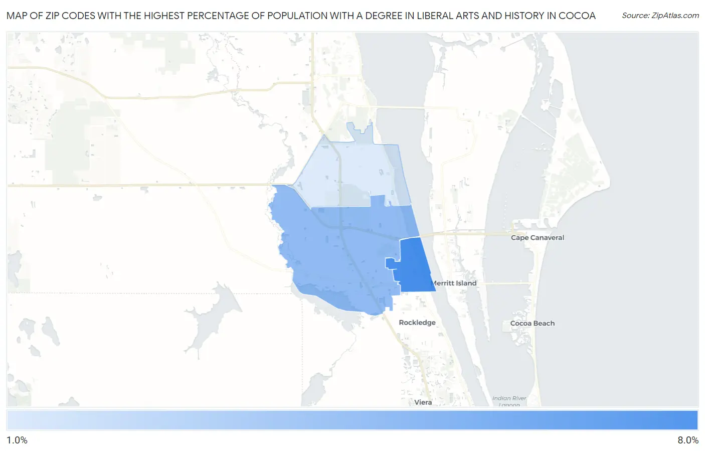Zip Codes with the Highest Percentage of Population with a Degree in Liberal Arts and History in Cocoa Map