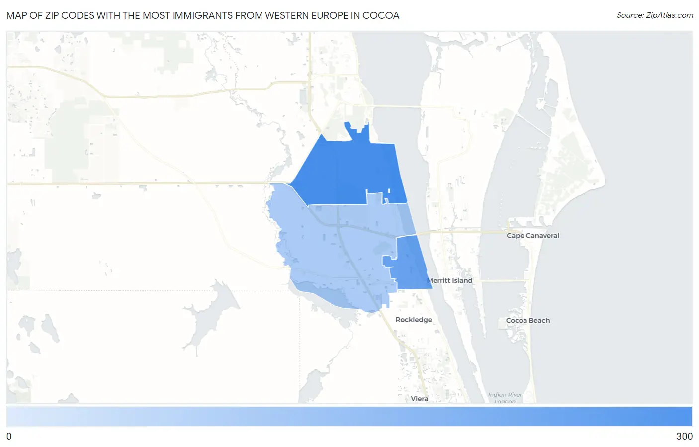 Zip Codes with the Most Immigrants from Western Europe in Cocoa Map