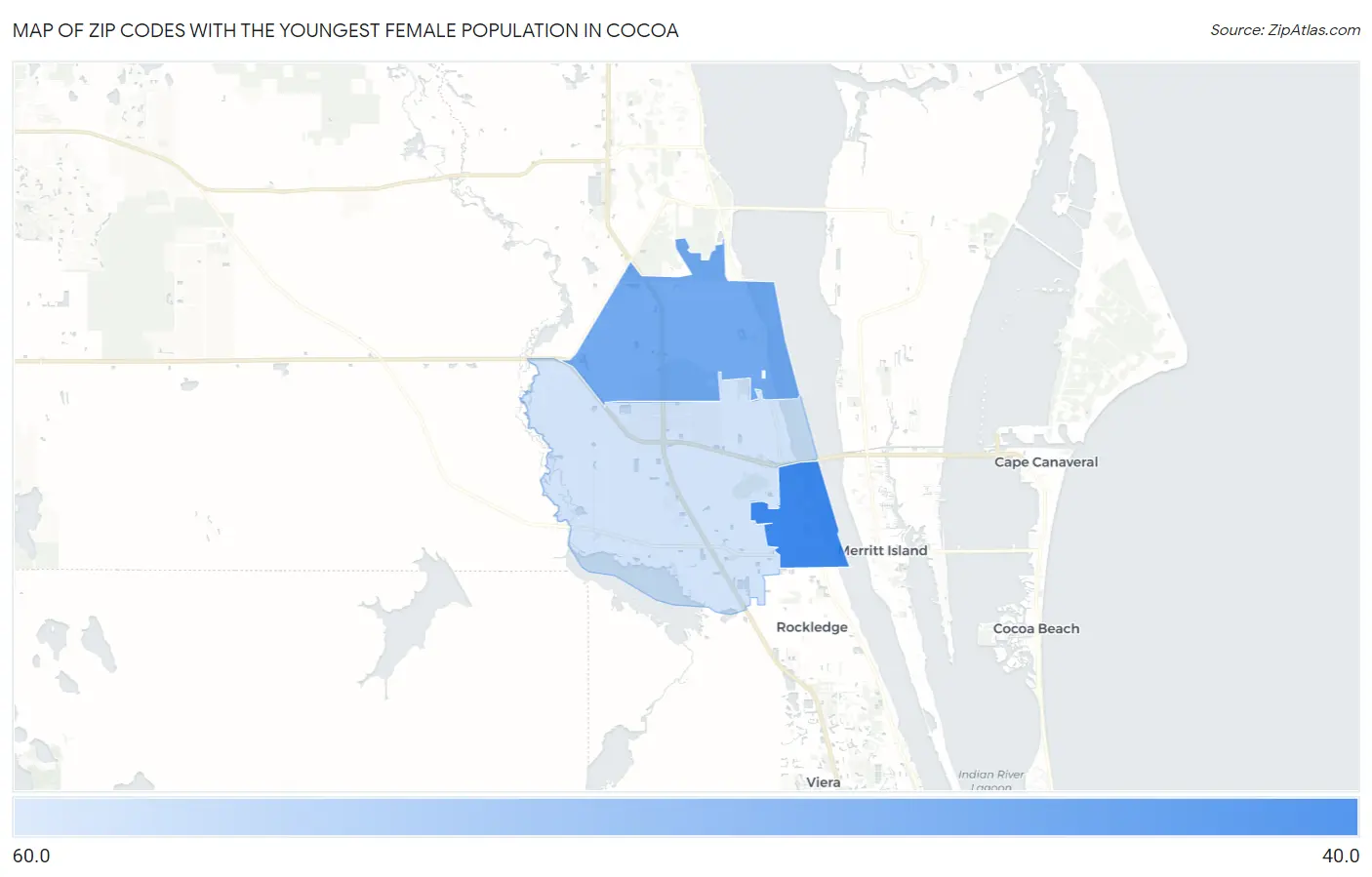 Zip Codes with the Youngest Female Population in Cocoa Map
