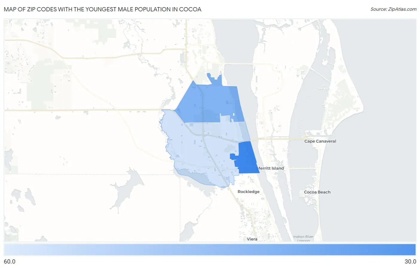 Zip Codes with the Youngest Male Population in Cocoa Map