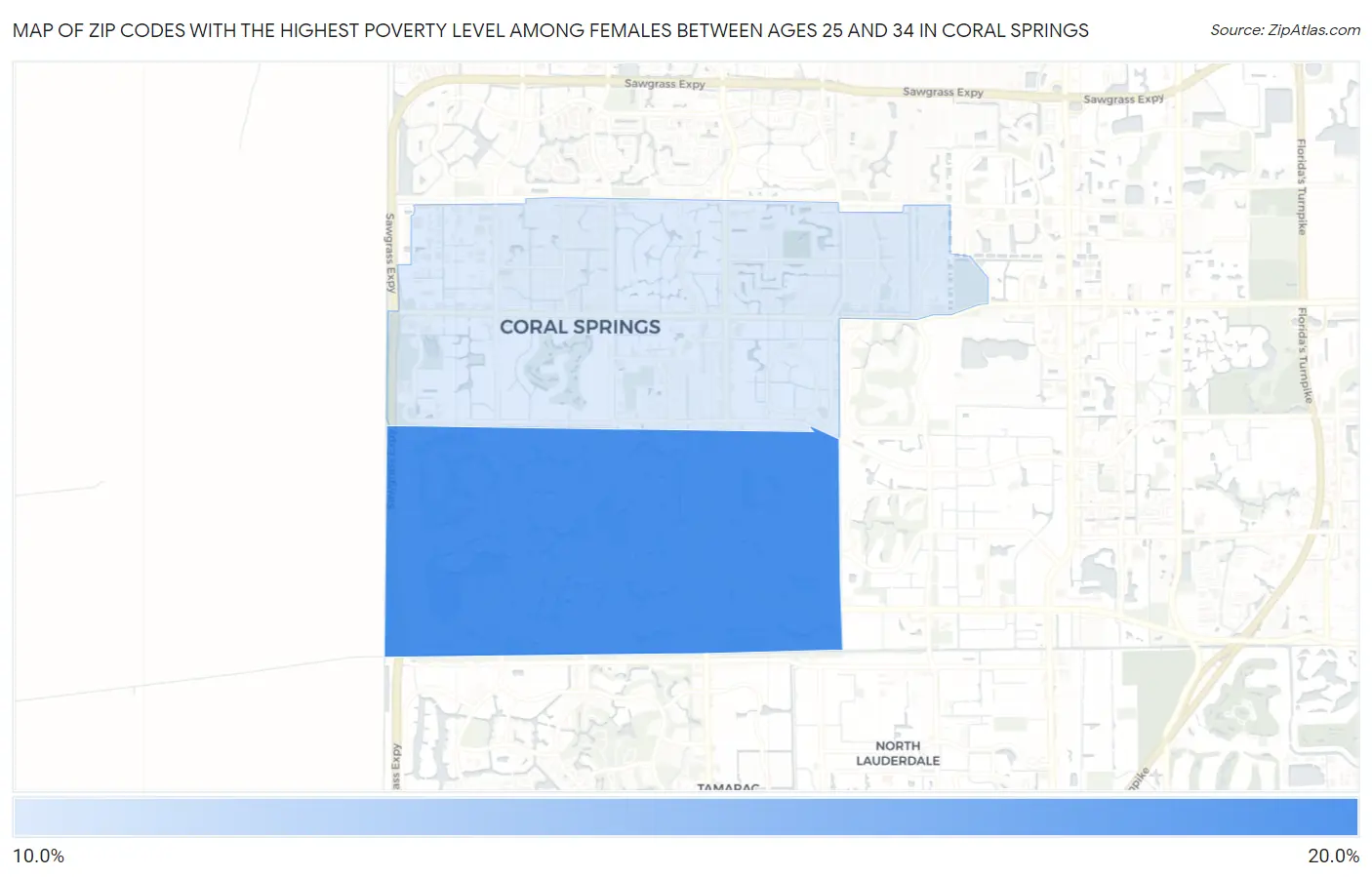 Zip Codes with the Highest Poverty Level Among Females Between Ages 25 and 34 in Coral Springs Map