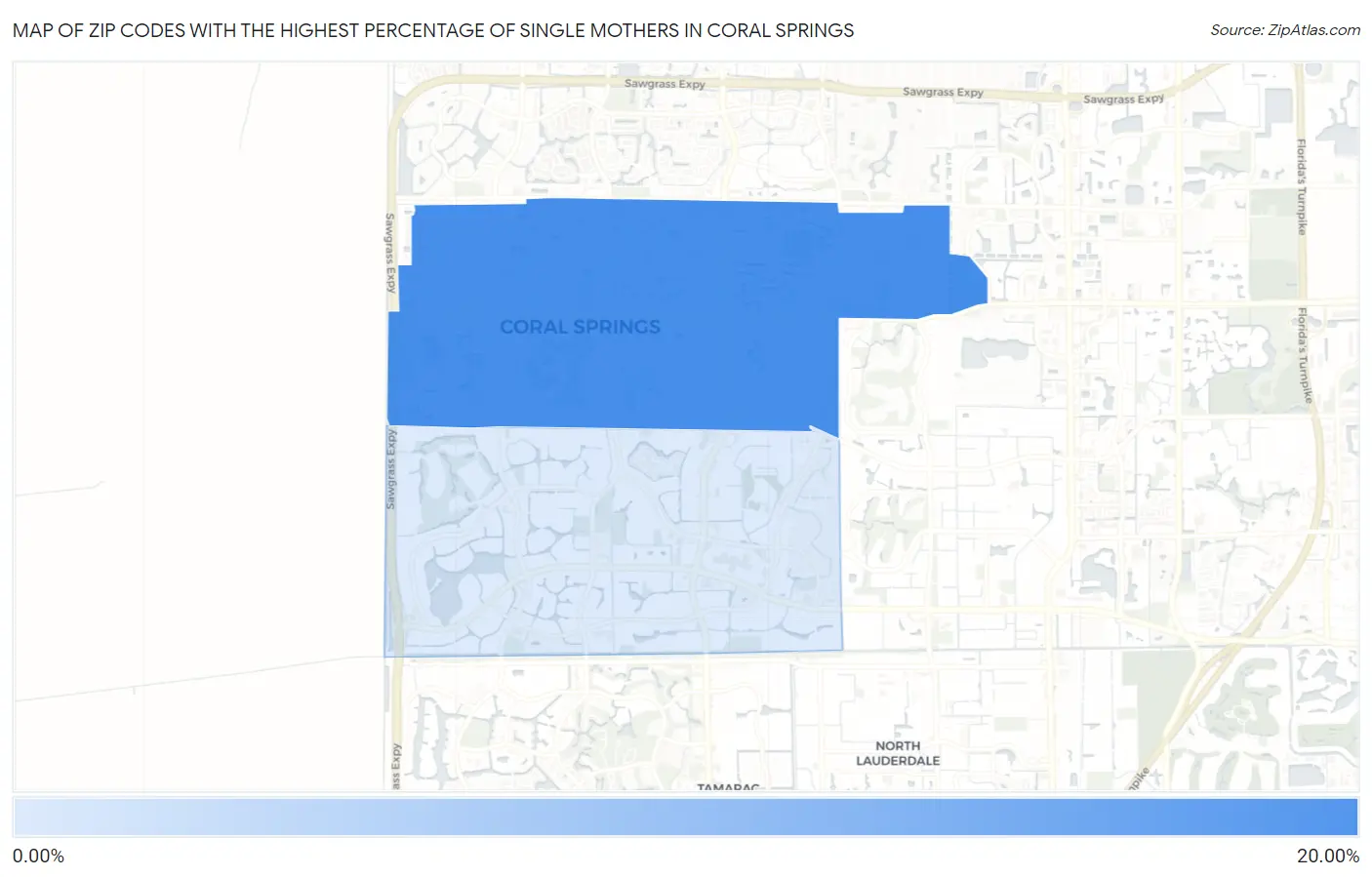 Zip Codes with the Highest Percentage of Single Mothers in Coral Springs Map
