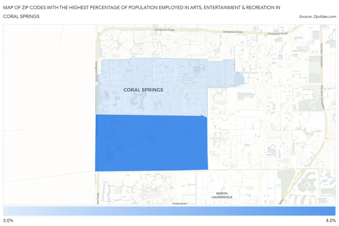 Zip Codes with the Highest Percentage of Population Employed in Arts, Entertainment & Recreation in Coral Springs Map