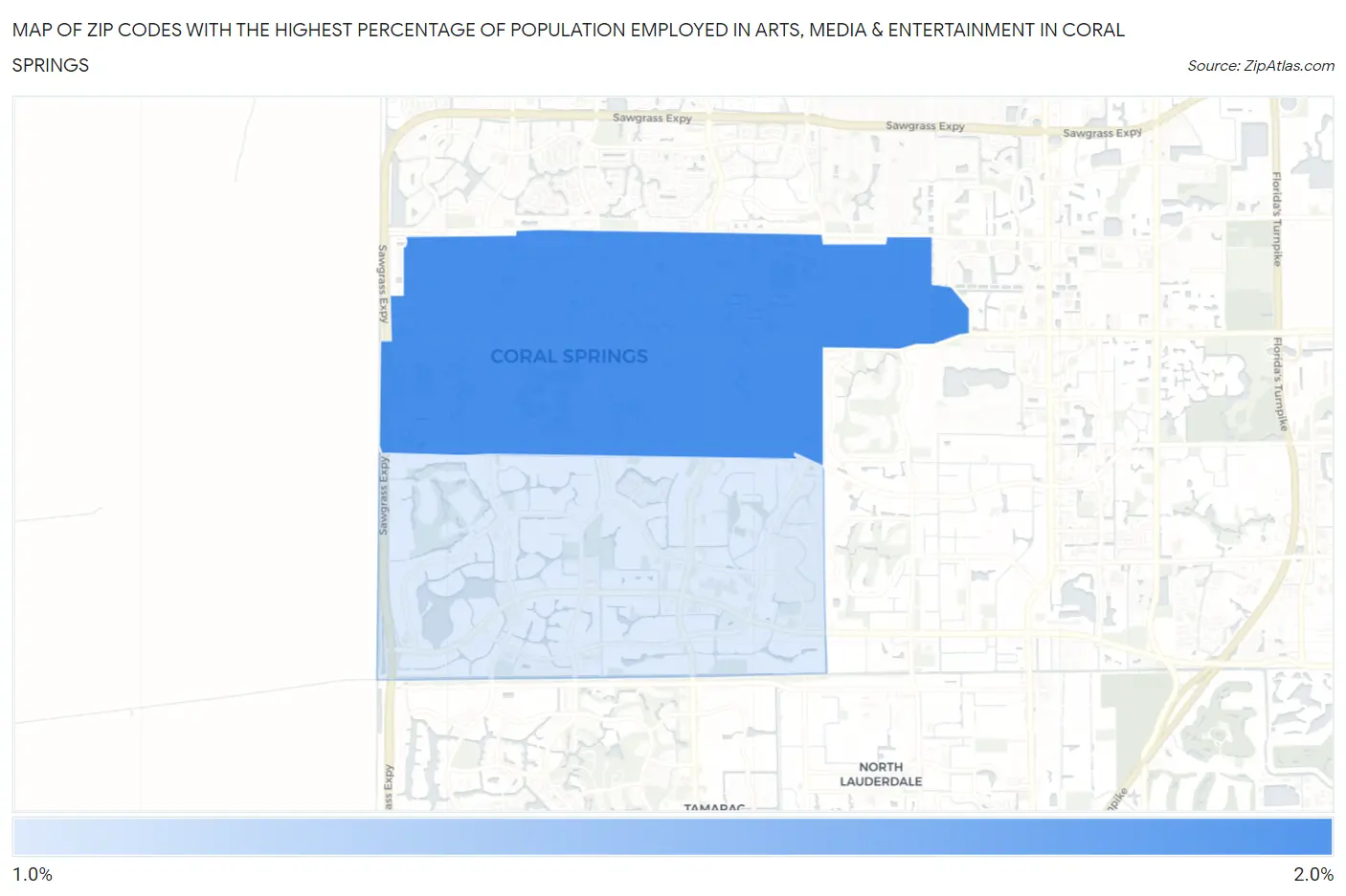 Zip Codes with the Highest Percentage of Population Employed in Arts, Media & Entertainment in Coral Springs Map