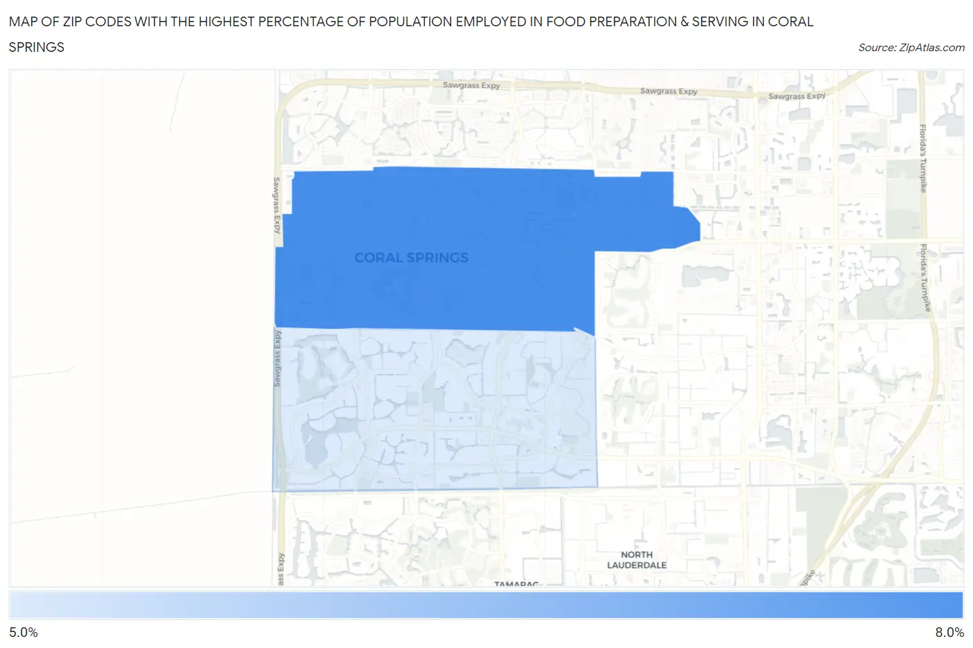 Zip Codes with the Highest Percentage of Population Employed in Food Preparation & Serving in Coral Springs Map