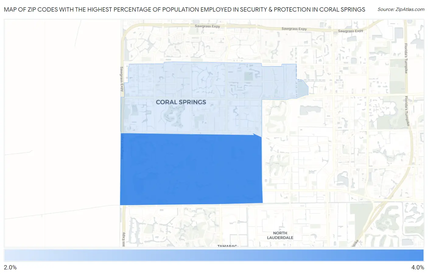 Zip Codes with the Highest Percentage of Population Employed in Security & Protection in Coral Springs Map