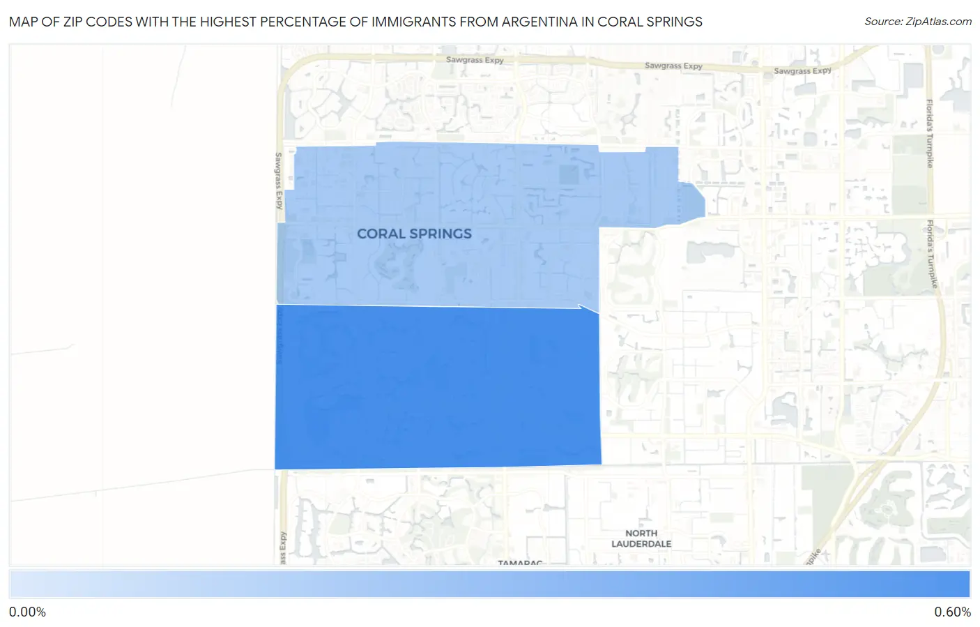 Zip Codes with the Highest Percentage of Immigrants from Argentina in Coral Springs Map