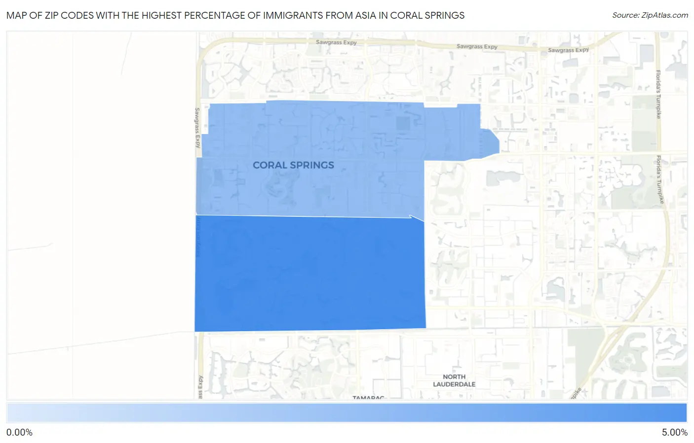Zip Codes with the Highest Percentage of Immigrants from Asia in Coral Springs Map