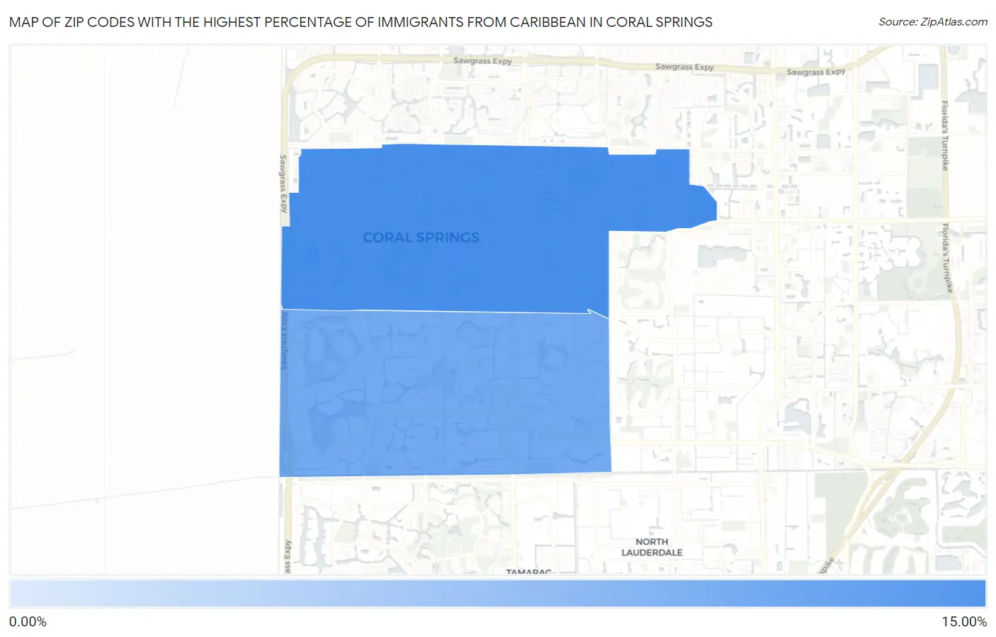 Zip Codes with the Highest Percentage of Immigrants from Caribbean in Coral Springs Map