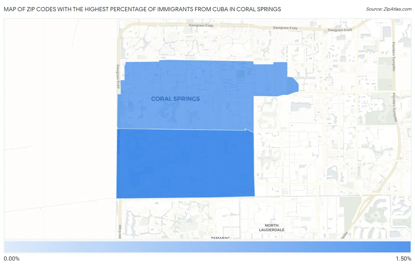 Zip Codes with the Highest Percentage of Immigrants from Cuba in Coral Springs Map