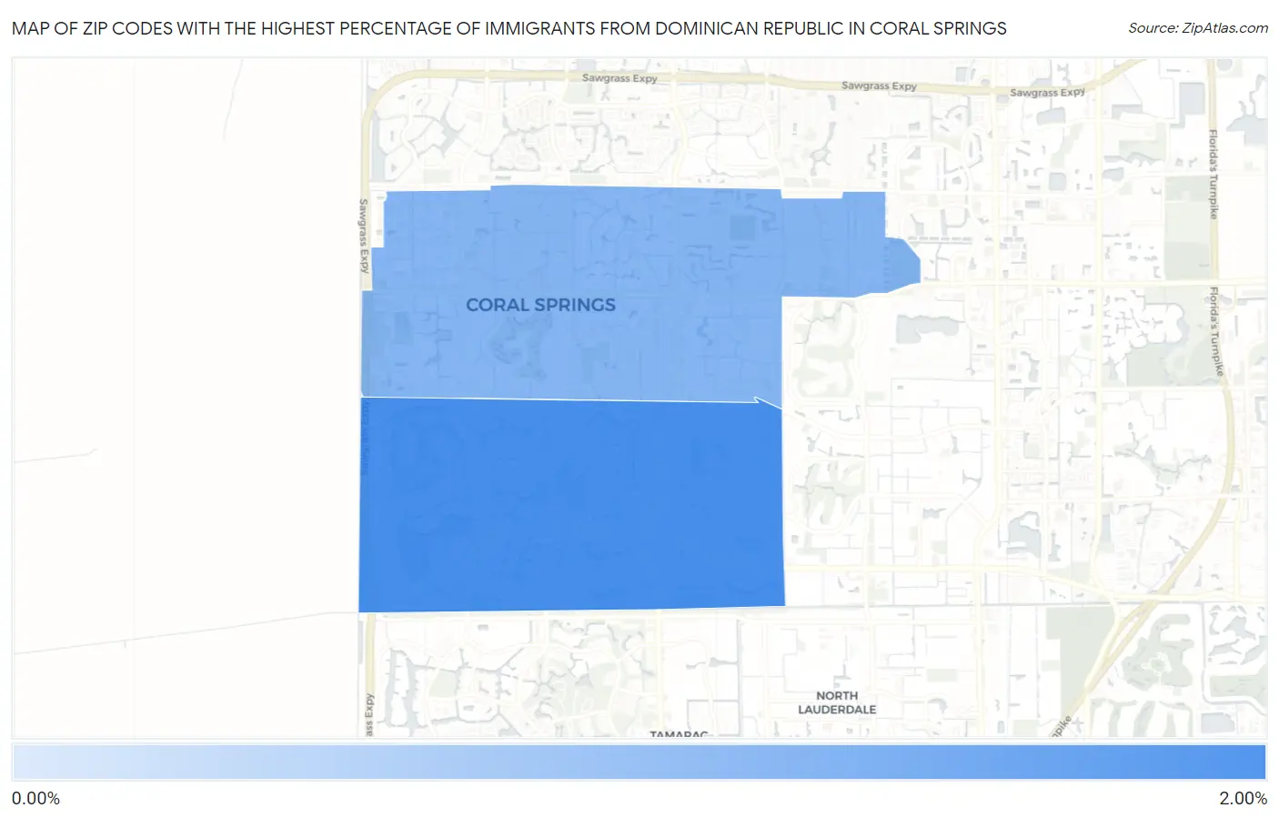 Zip Codes with the Highest Percentage of Immigrants from Dominican Republic in Coral Springs Map
