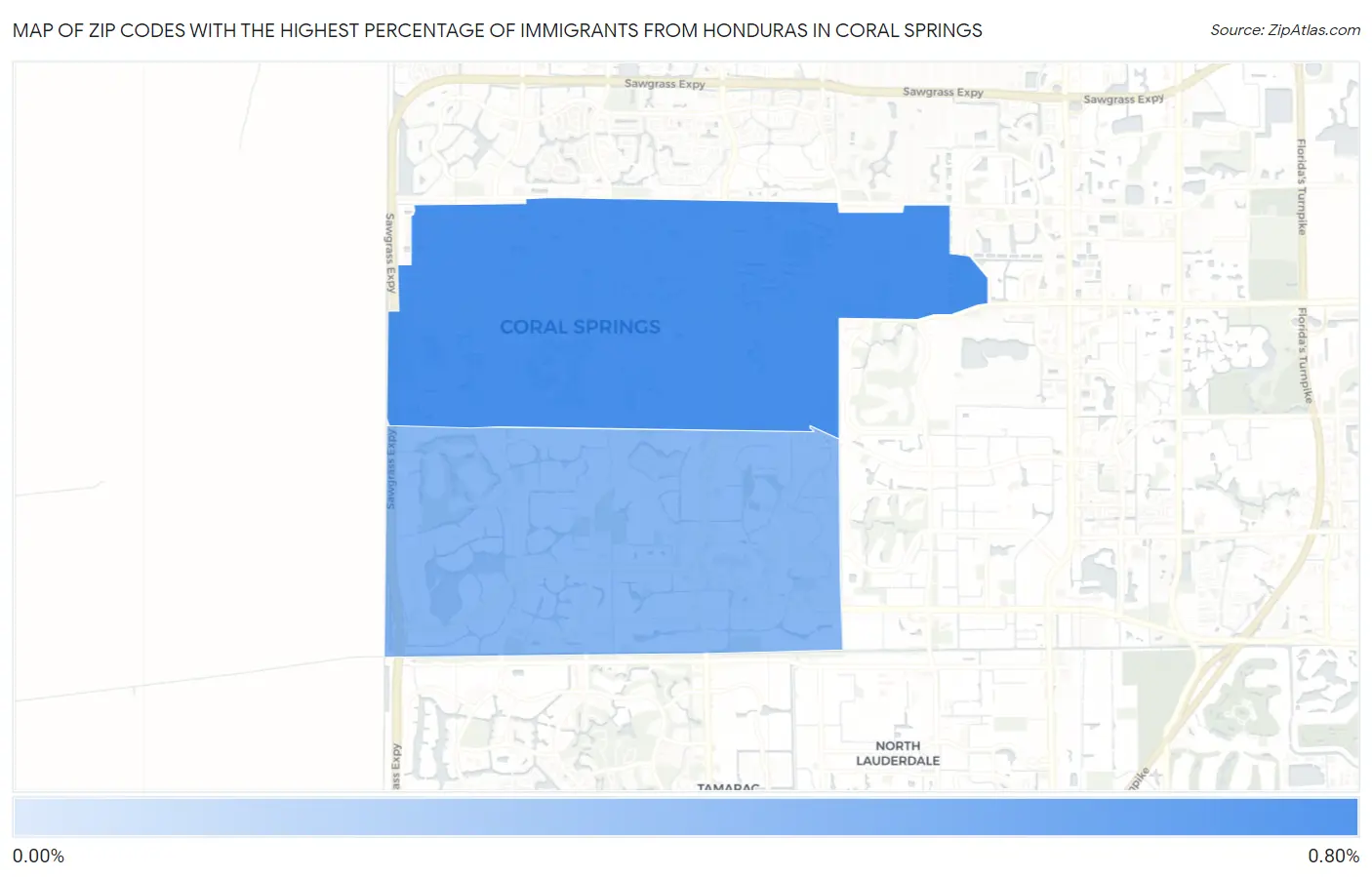 Zip Codes with the Highest Percentage of Immigrants from Honduras in Coral Springs Map