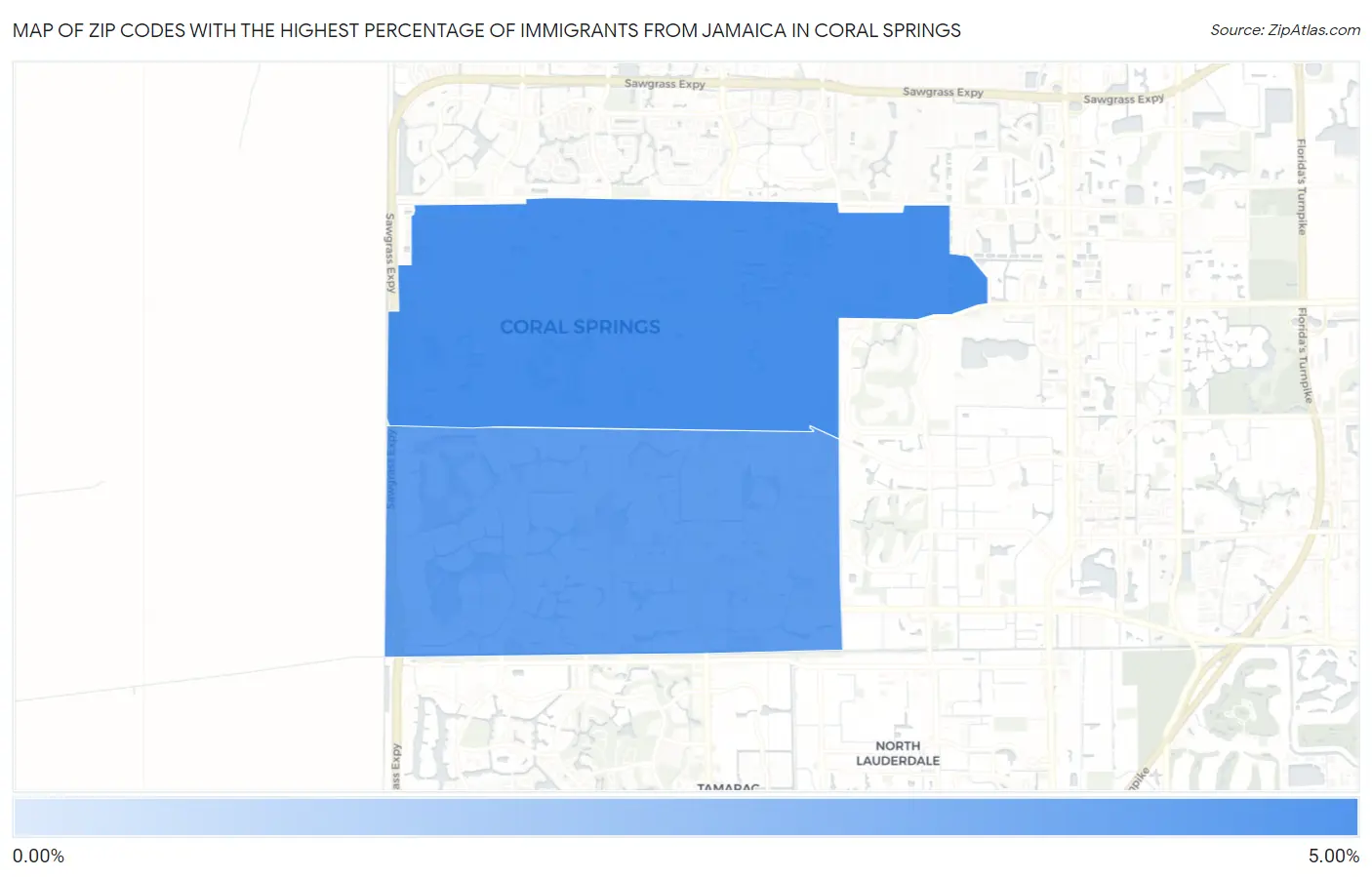 Zip Codes with the Highest Percentage of Immigrants from Jamaica in Coral Springs Map