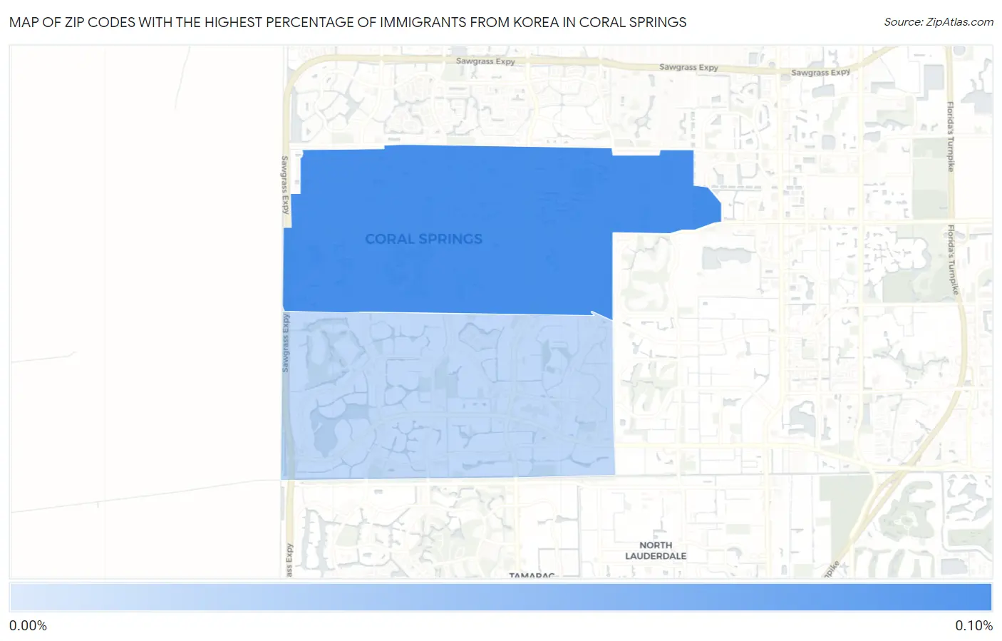 Zip Codes with the Highest Percentage of Immigrants from Korea in Coral Springs Map