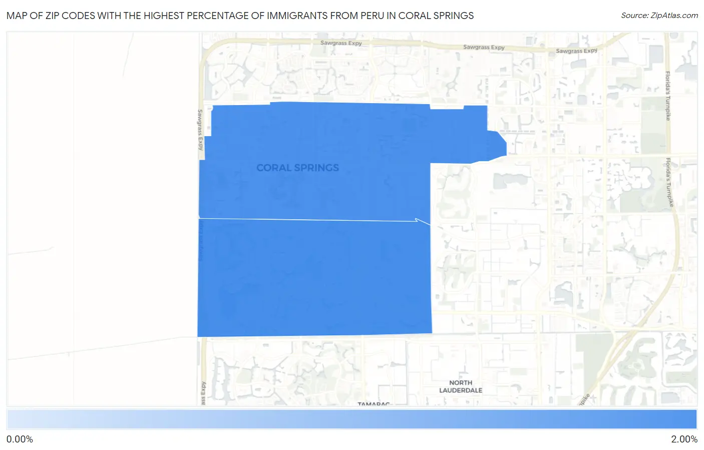 Zip Codes with the Highest Percentage of Immigrants from Peru in Coral Springs Map