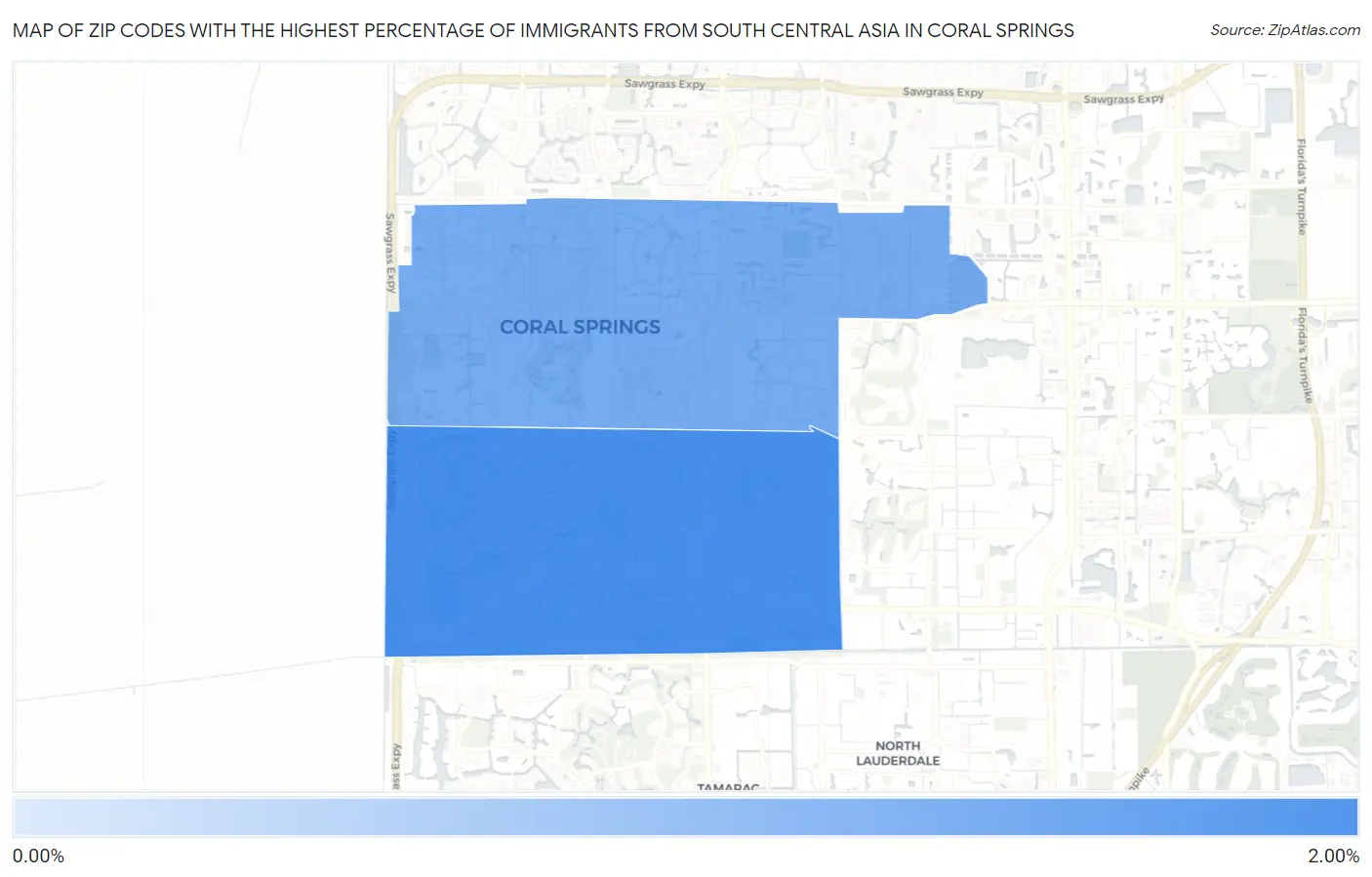 Zip Codes with the Highest Percentage of Immigrants from South Central Asia in Coral Springs Map