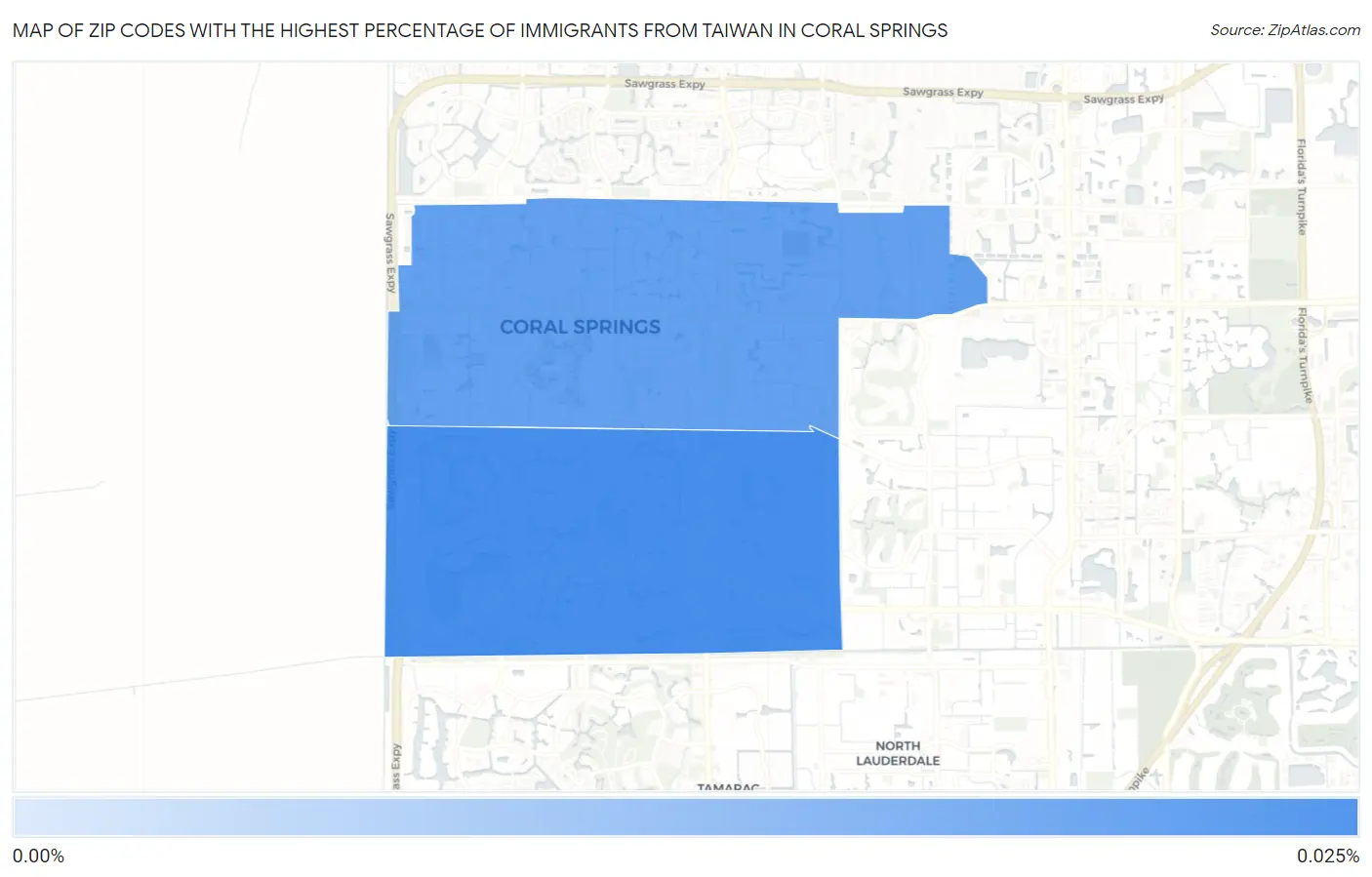 Zip Codes with the Highest Percentage of Immigrants from Taiwan in Coral Springs Map