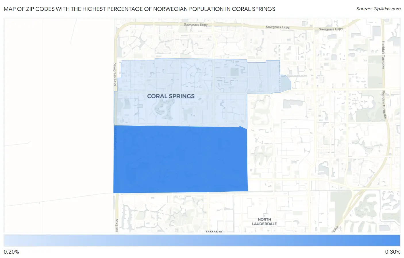 Zip Codes with the Highest Percentage of Norwegian Population in Coral Springs Map