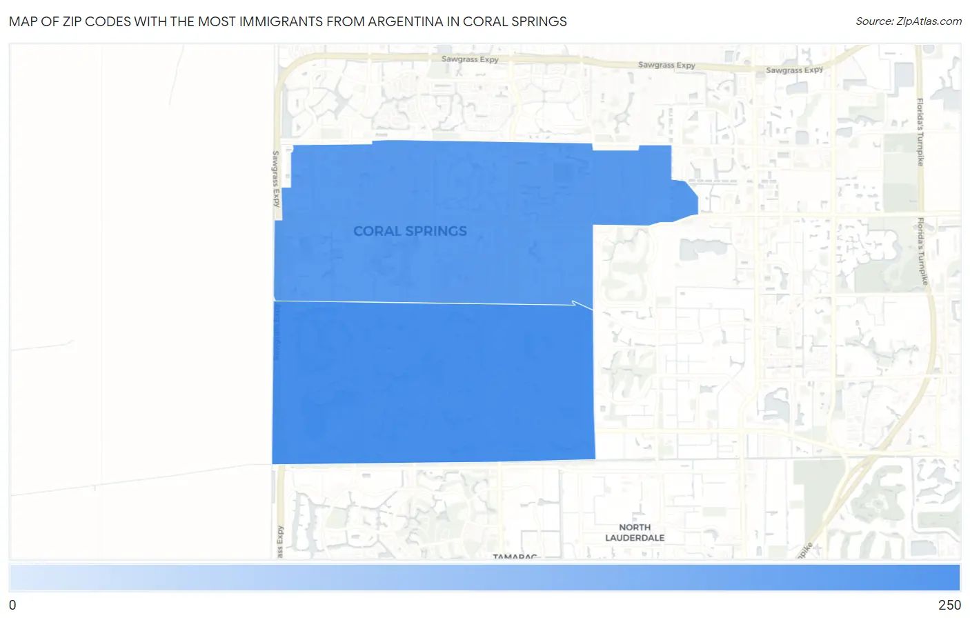Zip Codes with the Most Immigrants from Argentina in Coral Springs Map