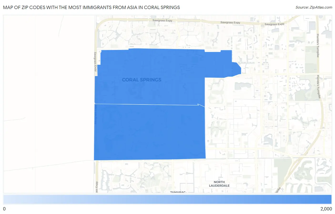 Zip Codes with the Most Immigrants from Asia in Coral Springs Map