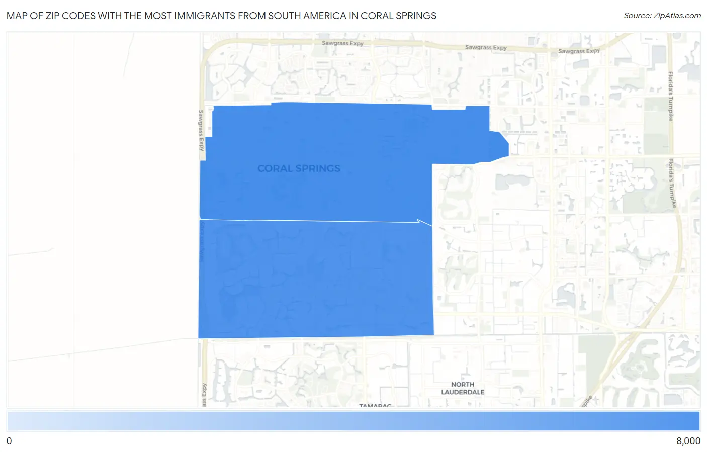 Zip Codes with the Most Immigrants from South America in Coral Springs Map