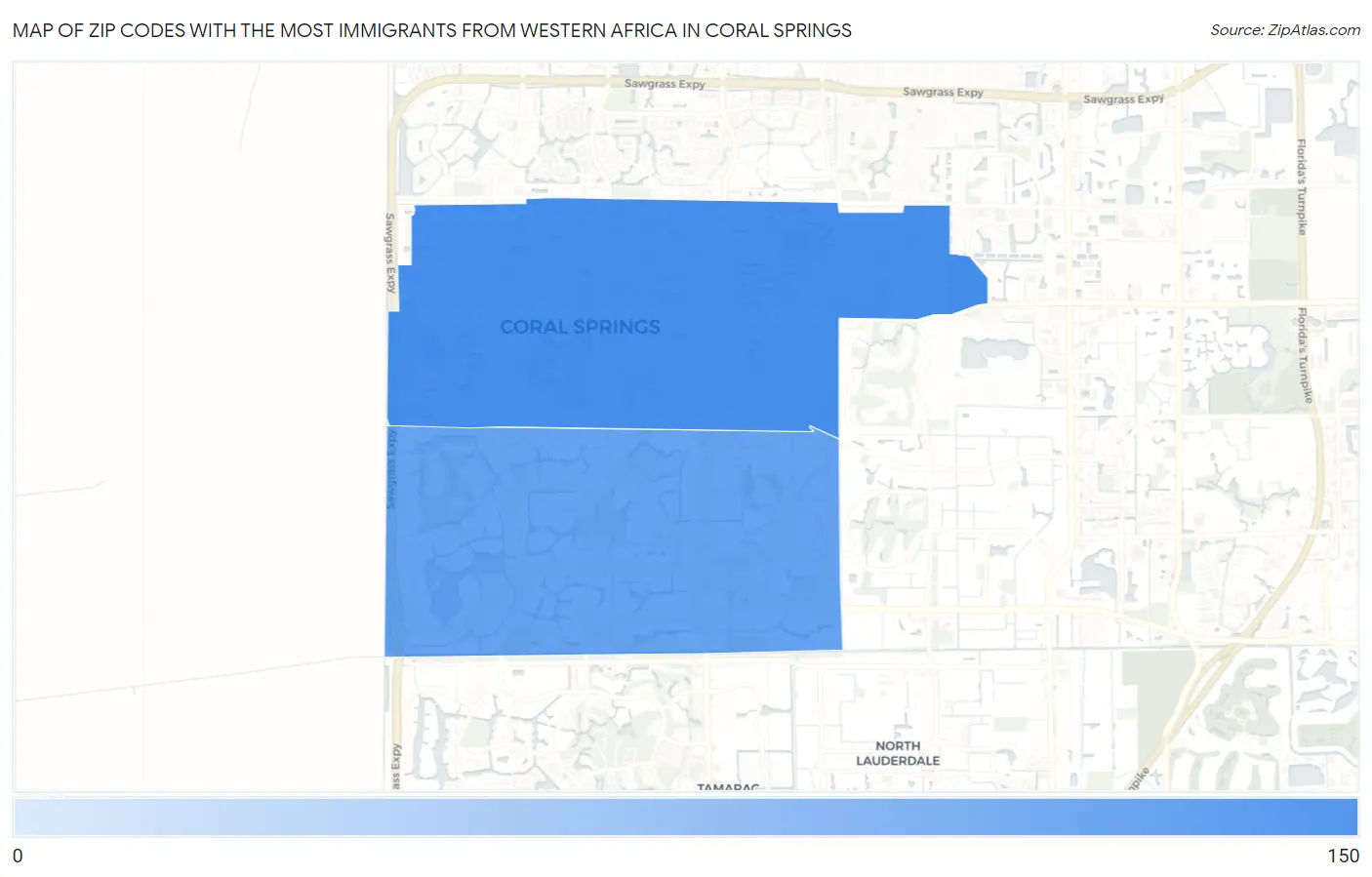 Zip Codes with the Most Immigrants from Western Africa in Coral Springs Map