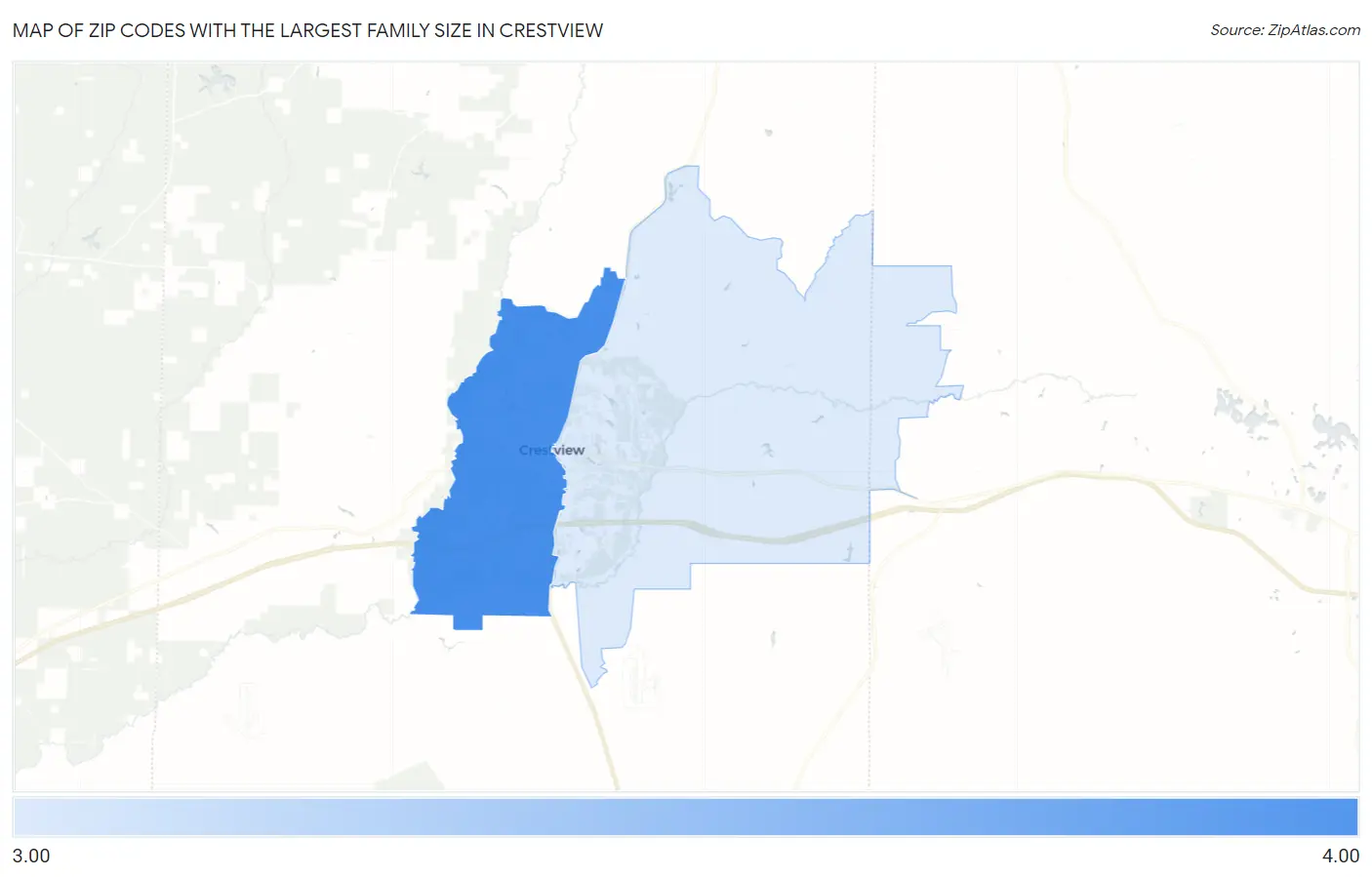 Zip Codes with the Largest Family Size in Crestview Map