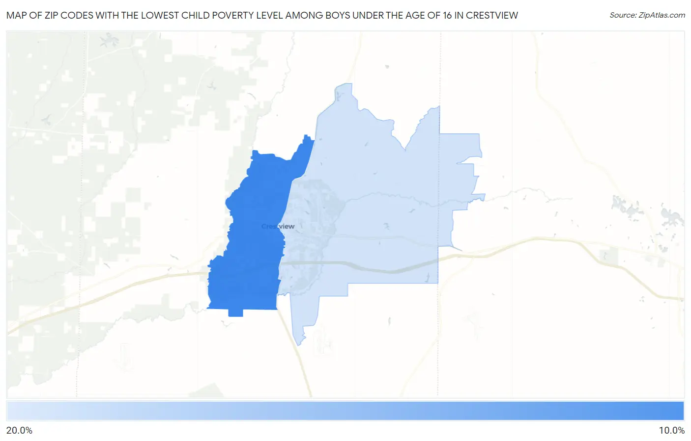 Zip Codes with the Lowest Child Poverty Level Among Boys Under the Age of 16 in Crestview Map