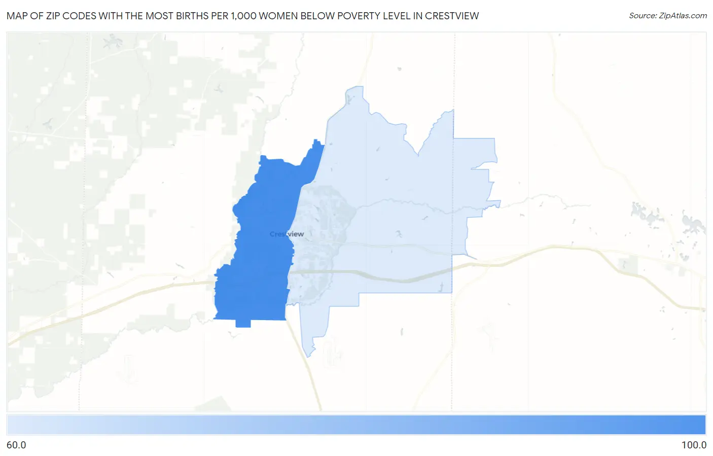 Zip Codes with the Most Births per 1,000 Women Below Poverty Level in Crestview Map