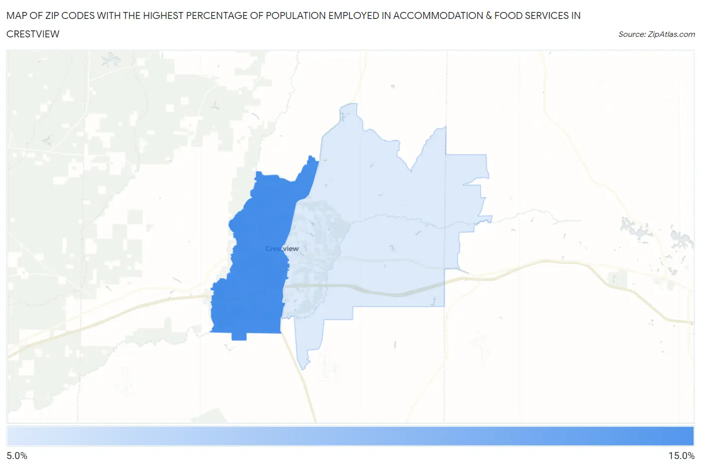 Zip Codes with the Highest Percentage of Population Employed in Accommodation & Food Services in Crestview Map