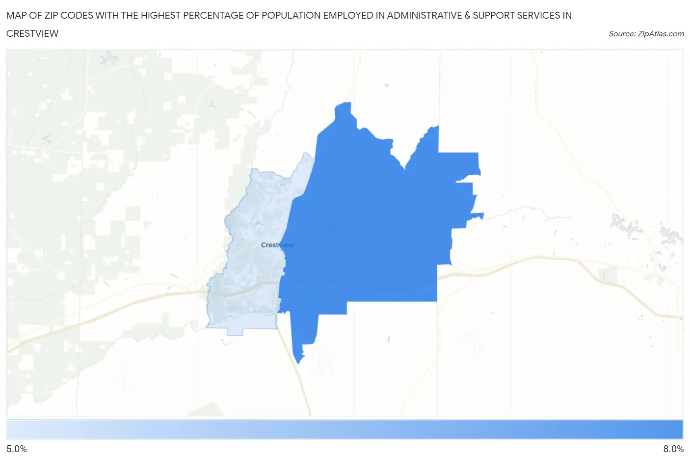 Zip Codes with the Highest Percentage of Population Employed in Administrative & Support Services in Crestview Map