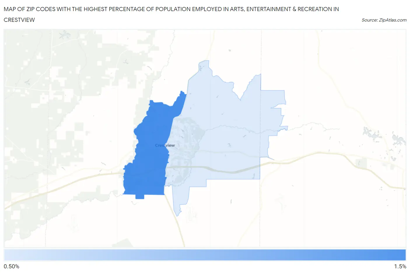 Zip Codes with the Highest Percentage of Population Employed in Arts, Entertainment & Recreation in Crestview Map