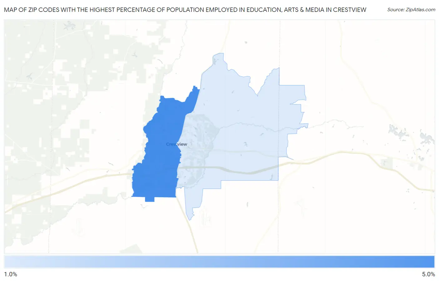 Zip Codes with the Highest Percentage of Population Employed in Education, Arts & Media in Crestview Map